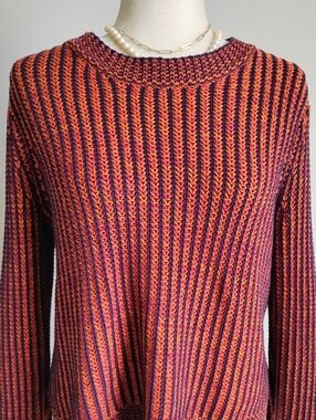CAbi Melange Cotton Crewneck Sweater Stripe Orange Purple Colorful Size Small